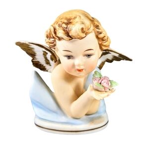 Vintage Norcrest Porcelian Angel Cherub Bust Holding Roses